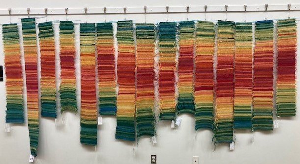 Knit tempestries hanging at the North Kingstown Free Library